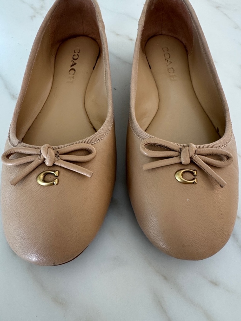 COACH Women's Tan Leather Ballet Flats with Signature Charm